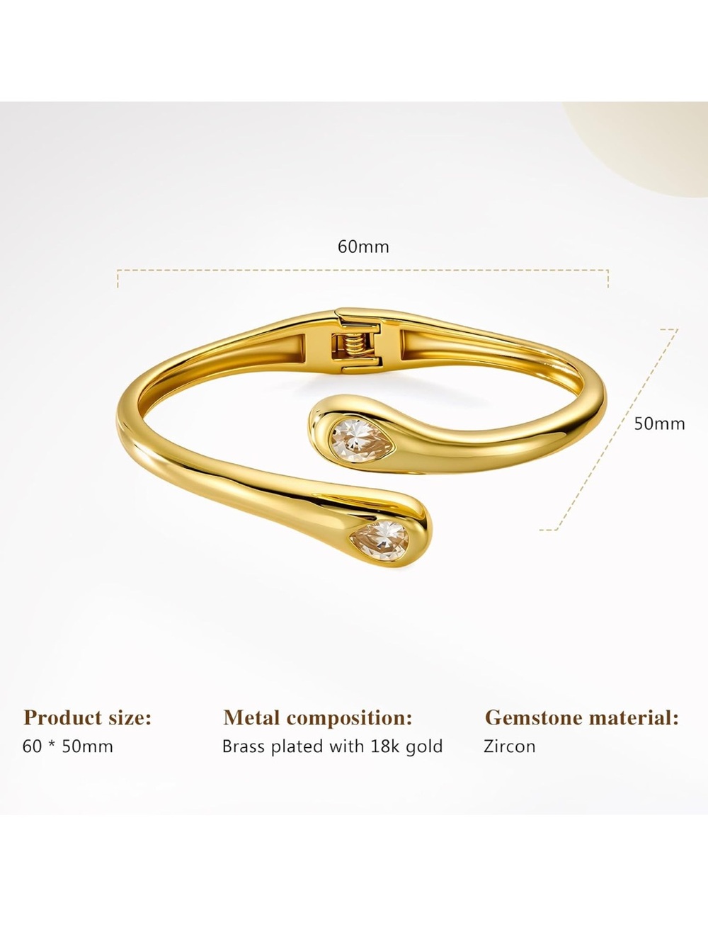 18K Gold Plated Teardrop Crystal Cuff Bracelet Minimalist Elegant Jewelry - Picture 5 of 5